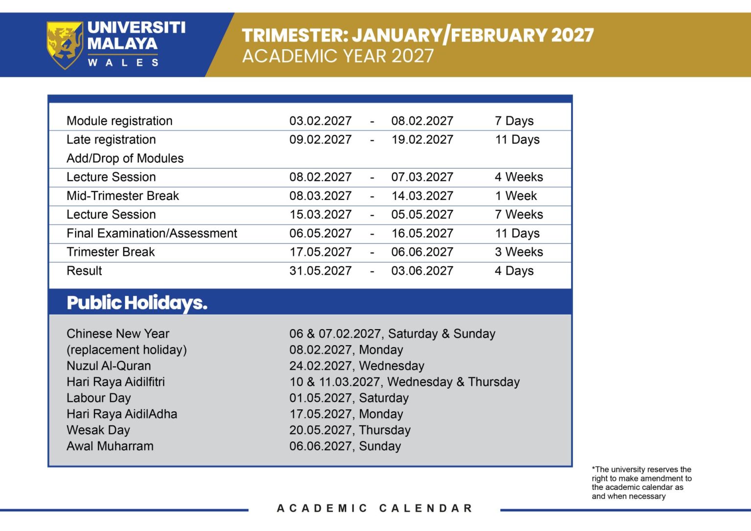 Um Schedule 2027